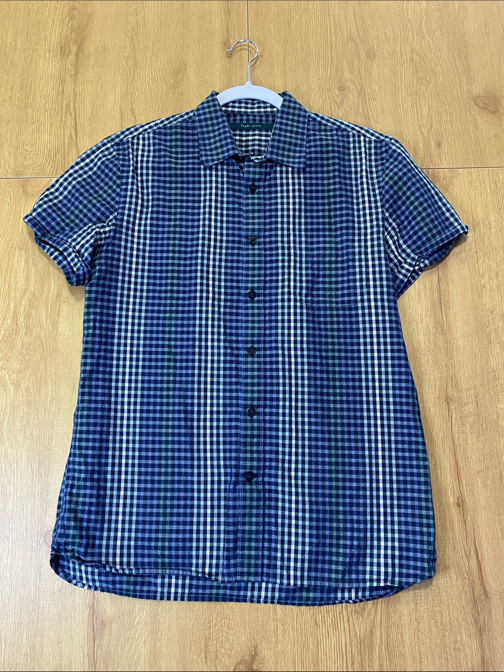 Perry Ellis Blue and White Short-Sleeve Checked Button-Down Shirt